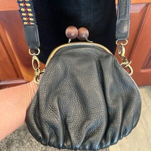 Erva Black Pebbled Leather Purse Navy Texture Strap Wooden Kiss Lock $420